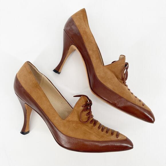 Vintage Manolo Blahnik Two-Tone Camel Brown Oxford Lace-Up Pump Heels IT 38 - Picture 6 of 13